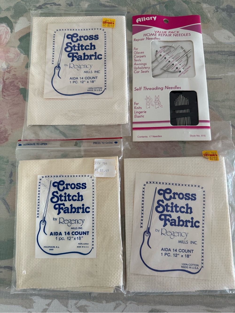 Lot of 3 Regency Aida 14 Count Cross Stitch Fabric 12x18 & Allary Needle Set